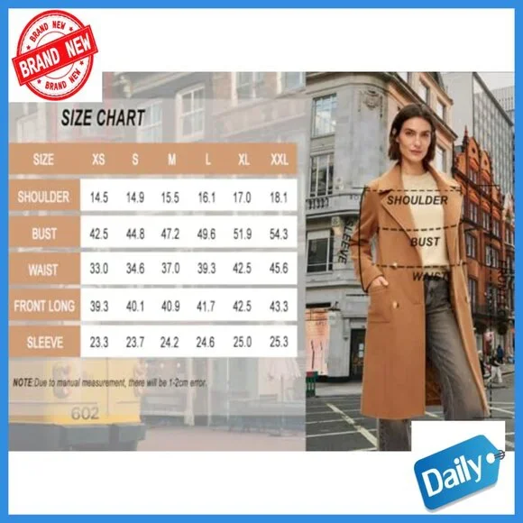 Long Double-Breasted Trench Coat, Polyester, Notch Lapel, Knee-Length Overcoat - Picture 7 of 7